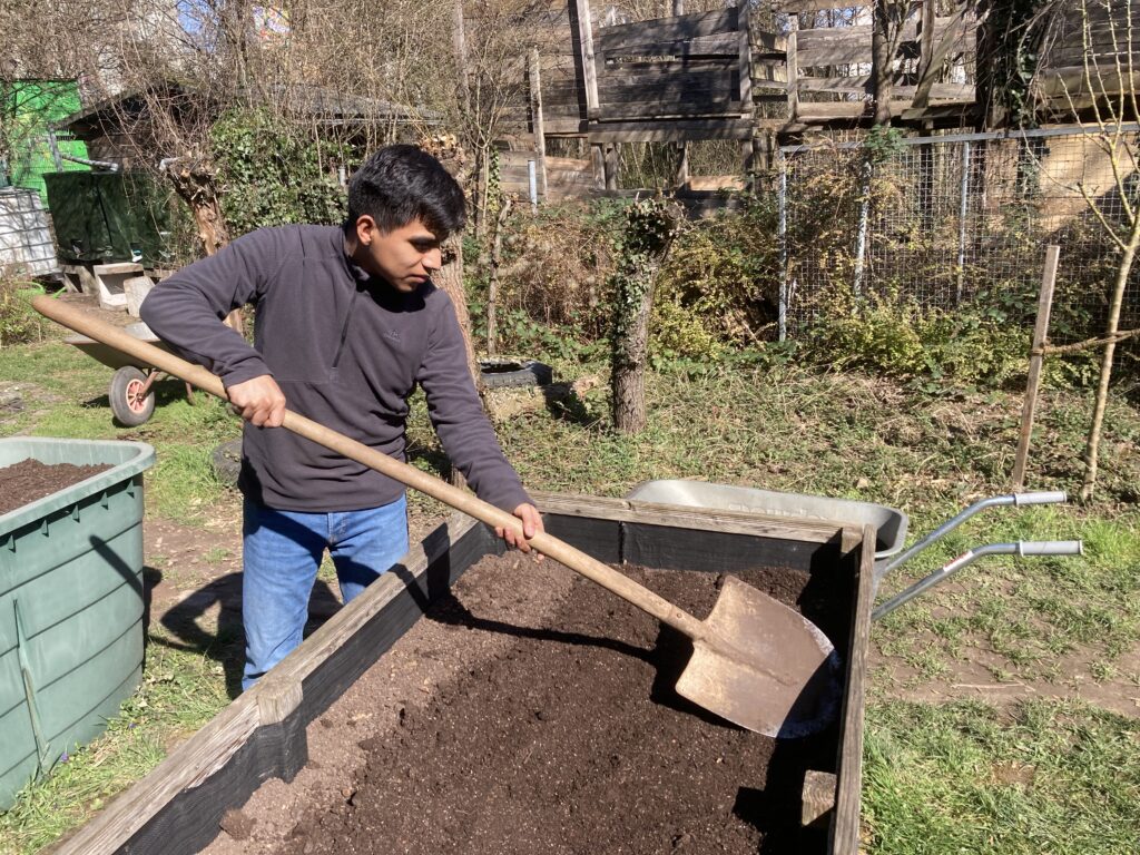 Ludwig beim Nachfüllen der Beete